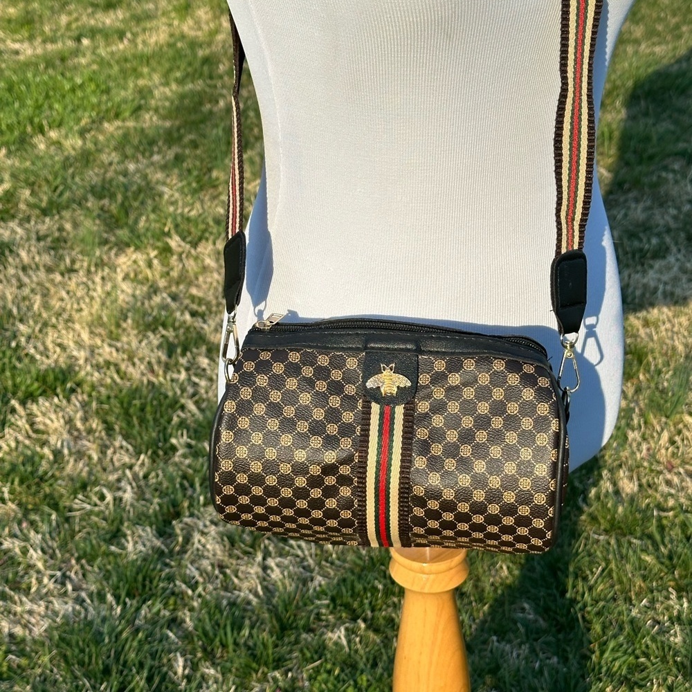 Brown Checkered Crossbody Bag with Yellow Accent